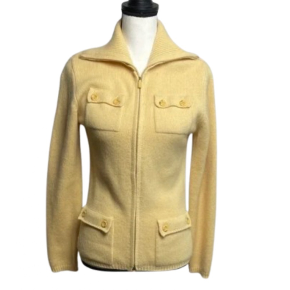100% Cashmere knit Women's yellow Zip-Up Jacket 4 button pockets - Picture 3 of 17